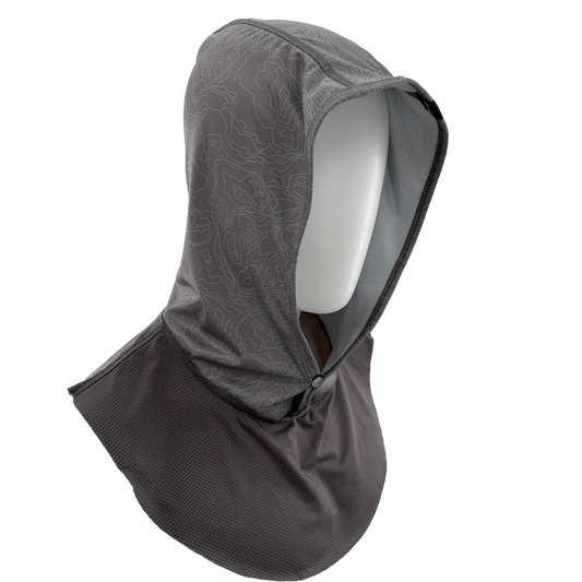A Grey Topo print Sun Hood displayed on a mannequin