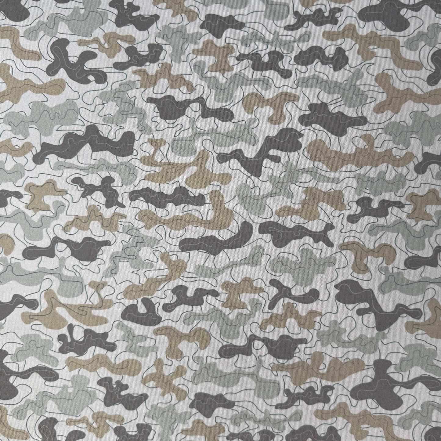 Camouflage pattern with shades of gray, brown, and black on a gray background