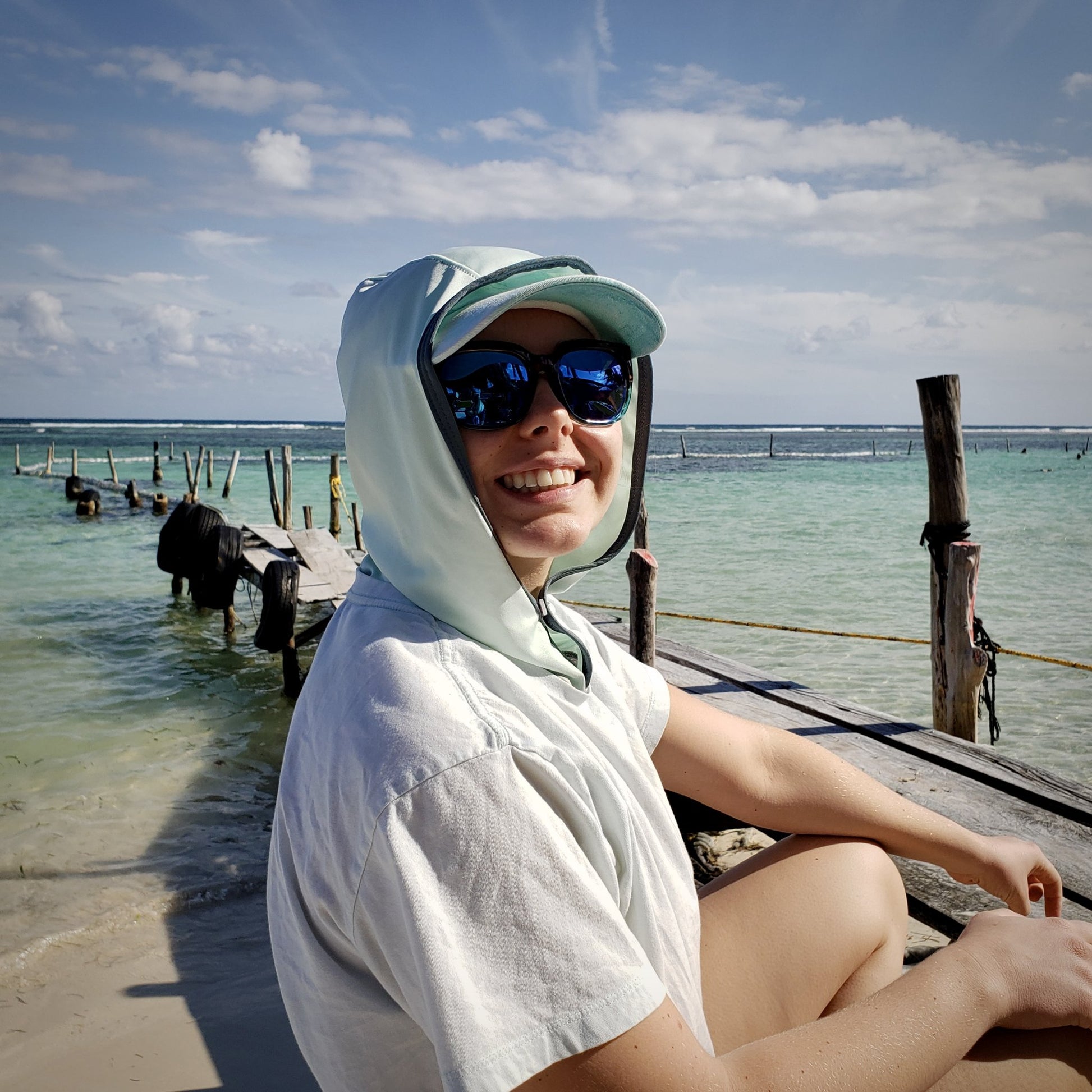 Aqua Sun Hoody with Blue trim perfect UV  protection for the beach.