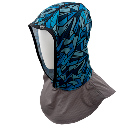 Black and blue sun protection hood with Charcoal Grey mesh collar.