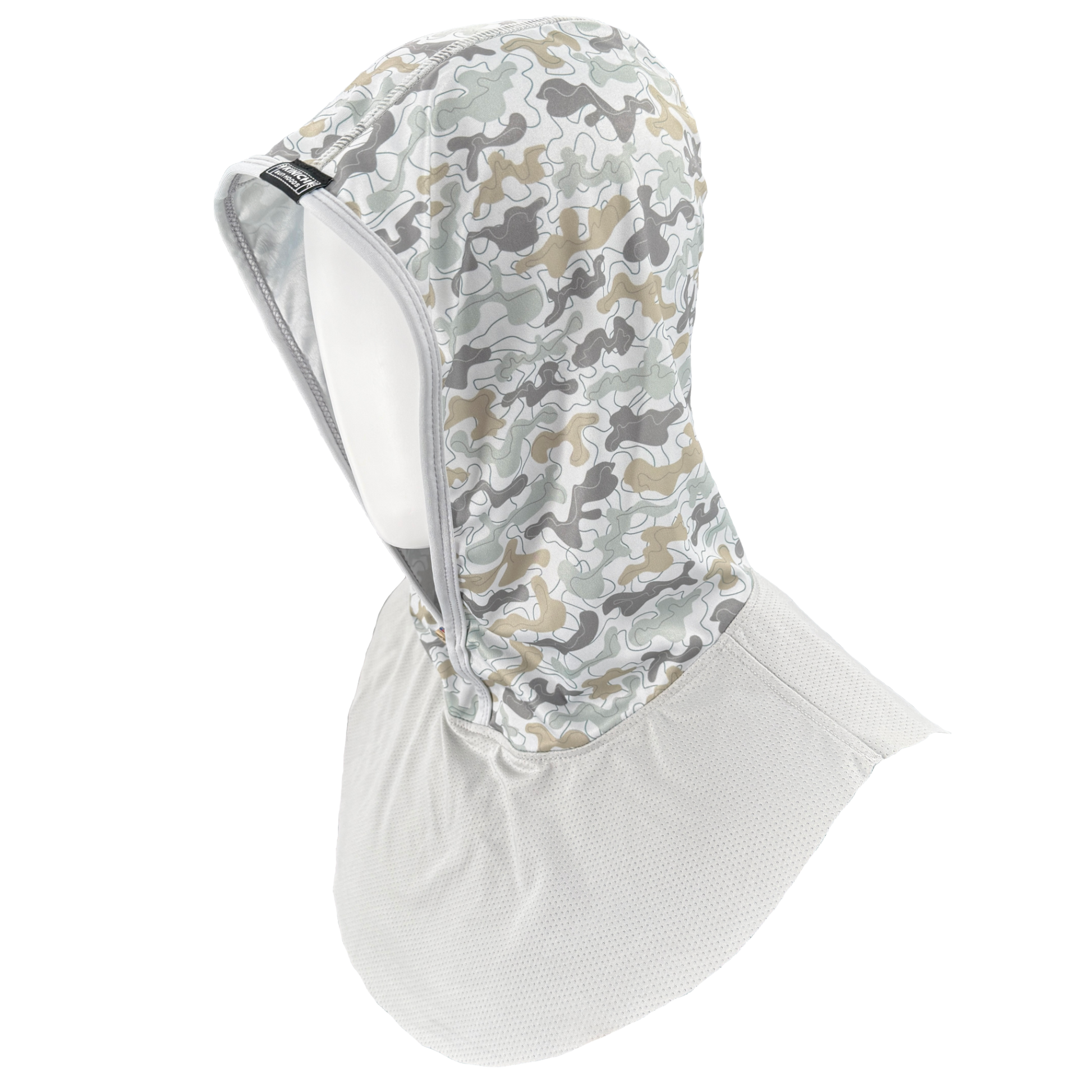 Camouflage-patterned sun hood on a white background