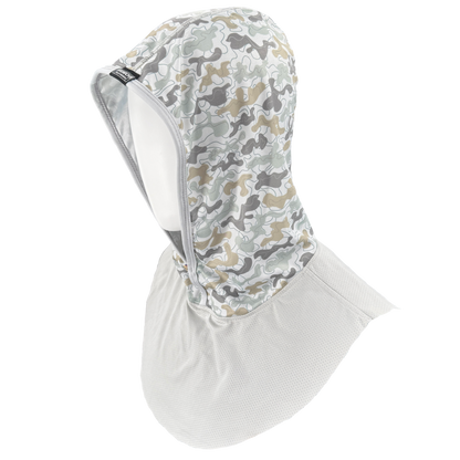 Camouflage-patterned sun hood on a white background