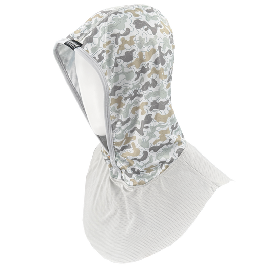 Camouflage-patterned sun hood on a white background