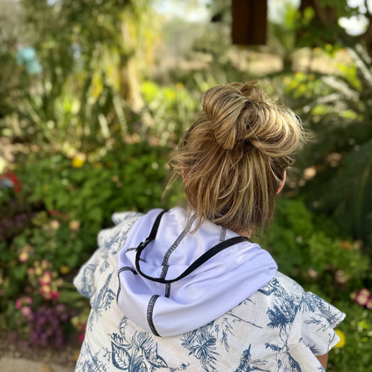 Women wearing Kinich Sun Hood, works with any shirt.