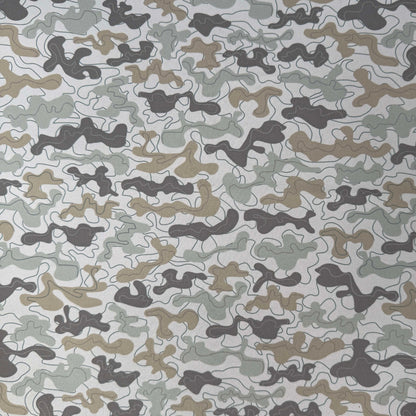 Camouflage pattern with shades of gray, brown, and black on a gray background
